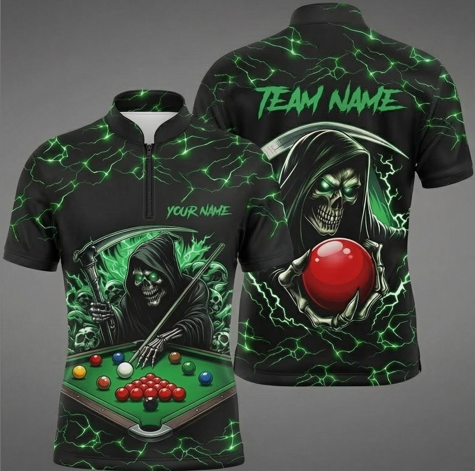 Personalised Grim Reaper Snooker Jersey Polo and Zipper Black Green For Men O9498 - Zipper Women (Slim fit)