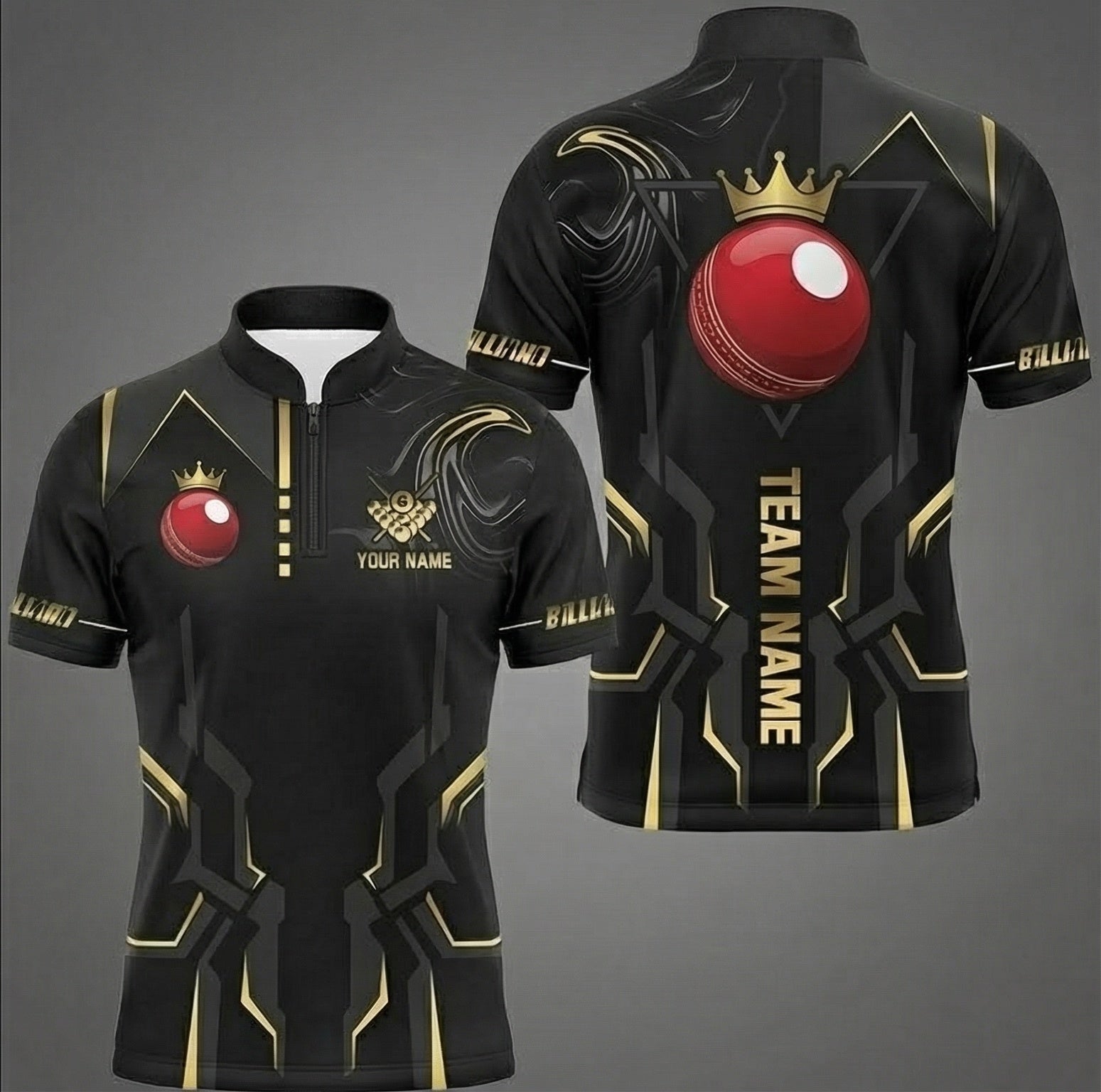 Personalised Crown Ball Snooker Jersey Polo and Zipper Custom Billiard Shirt Black Gold For Men R1335 - Zipper Women (Slim fit)