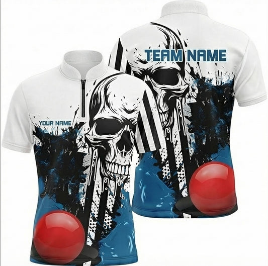 Personalised Skull Snooker Jersey Polo and Zipper White Blue Black For Men K8749 - Zipper Women (Slim fit)