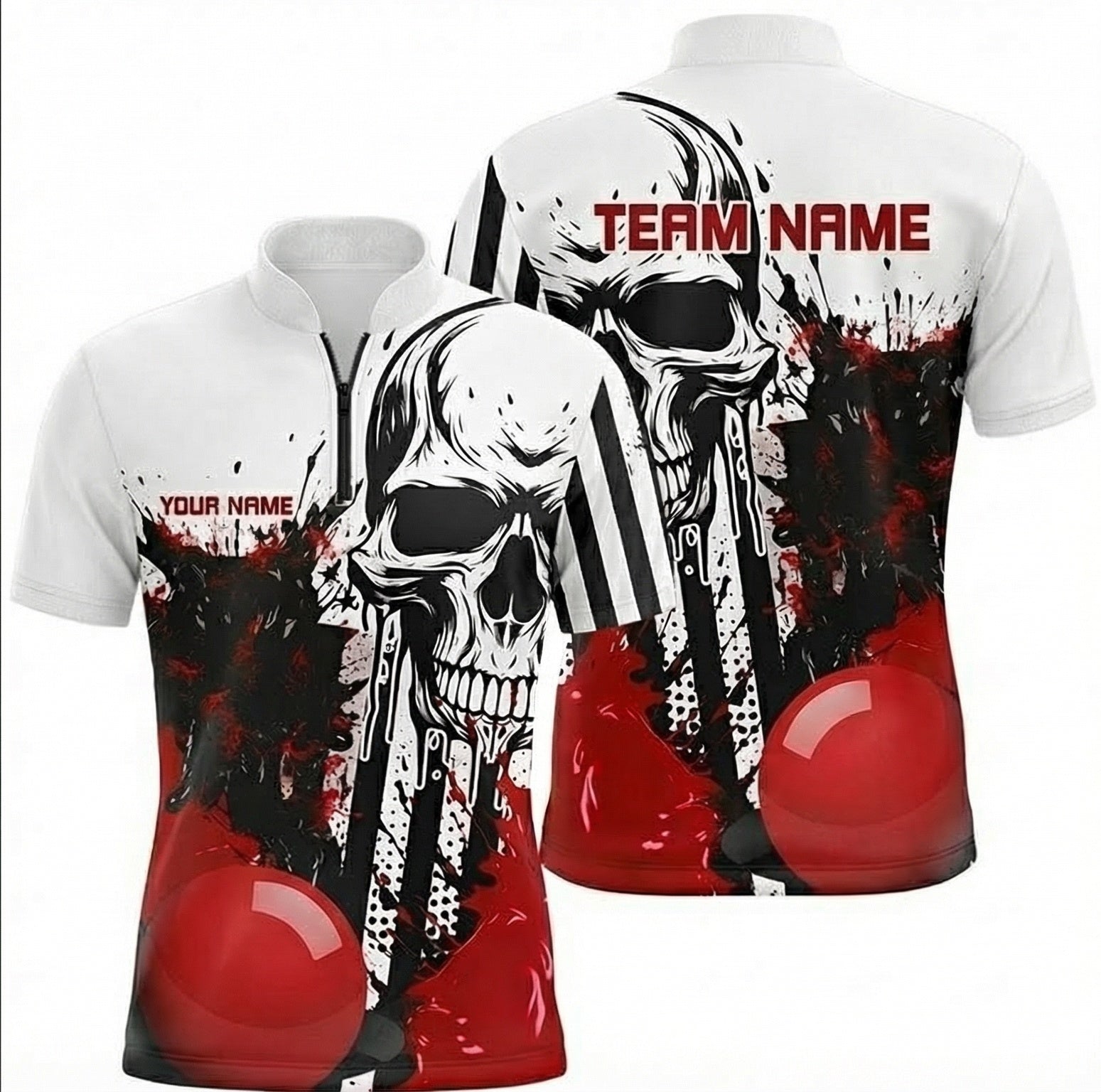 Personalised Skull Snooker Jersey Polo and Zipper Custom Shirt Red White Black For Men D7339 - Zipper Women (Slim fit)