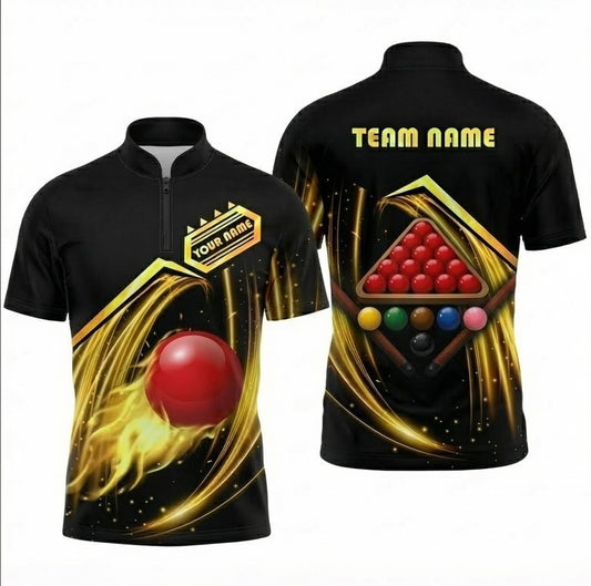 Personalised Flaming Ball Snooker Jersey Polo and Zipper Shirt Black Gold For Men S9754 - Zipper Women (Slim fit)