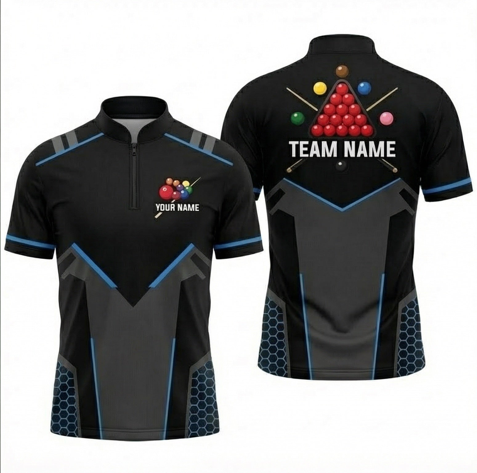 Personalised Geometric Snooker Jersey Polo and Zipper Shirt Black Grey Blue For Men Custom Team Name C1342 - Zipper Women (Slim fit)