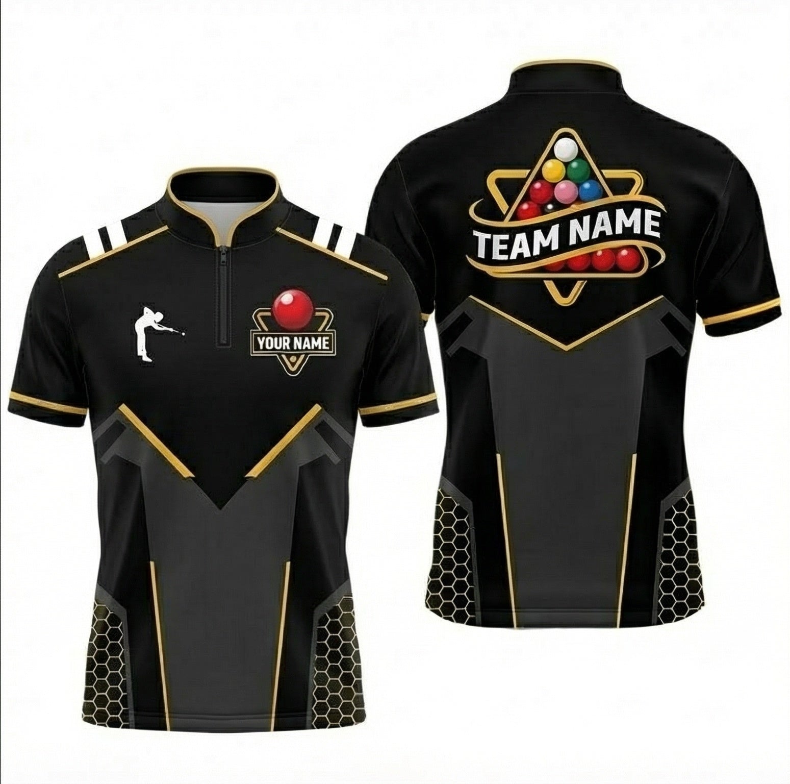 Personalised Geometric Honeycomb Snooker Jersey Polo and Zipper Black Gold For Men D9294 - Zipper Women (Slim fit)