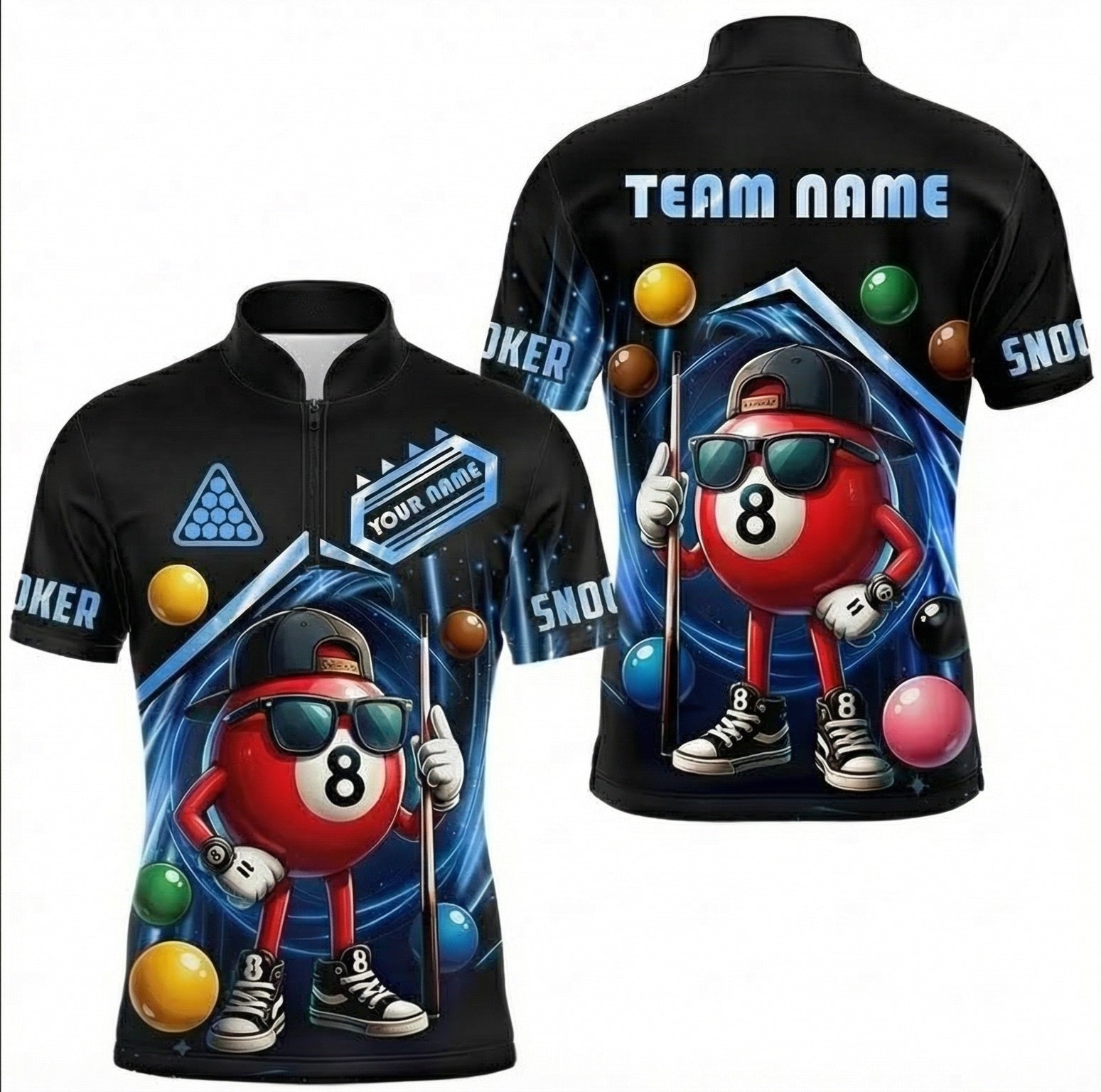 Personalised Cool 8-Ball Character Snooker Jersey Polo and Zipper Black Blue For Men H1410 - Zipper Women (Slim fit)