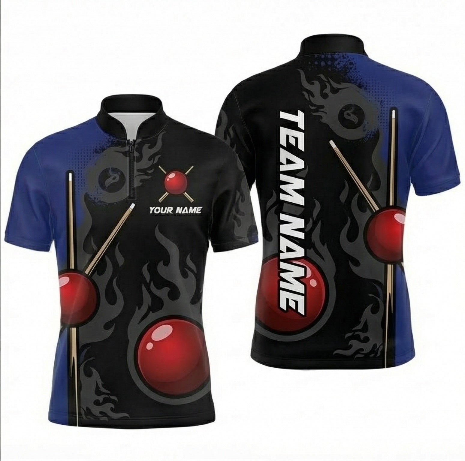 Personalised Snooker Jersey for Men Custom Red Ball Flame Polo and Zipper Shirt Black Blue I5292 - Zipper Women (Slim fit)