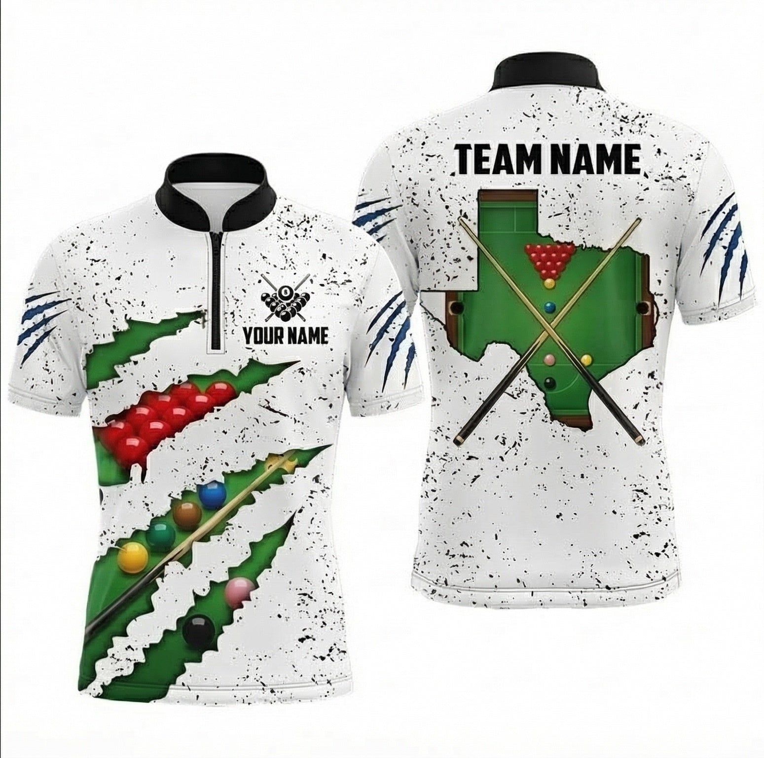 Personalised Texas State Snooker Jersey Men's Custom Polo Shirt Claw Rip Design White Green S4965 - Zipper Women (Slim fit)
