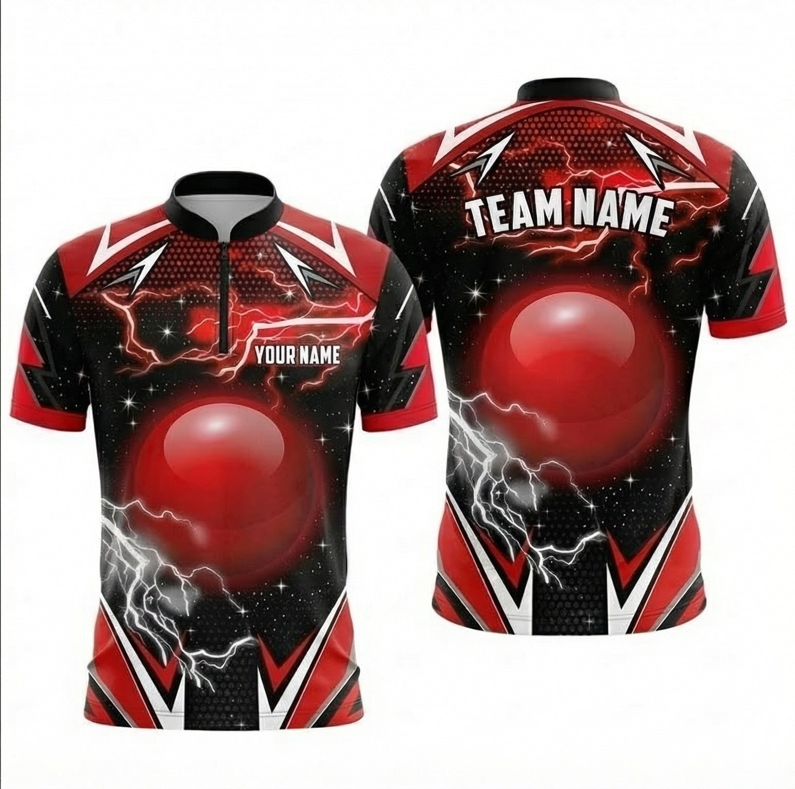 Personalised Lightning Red Ball Snooker Jersey Polo and Zipper Custom Name Team Shirt Red Black For Men V6882 - Zipper Women (Slim fit)