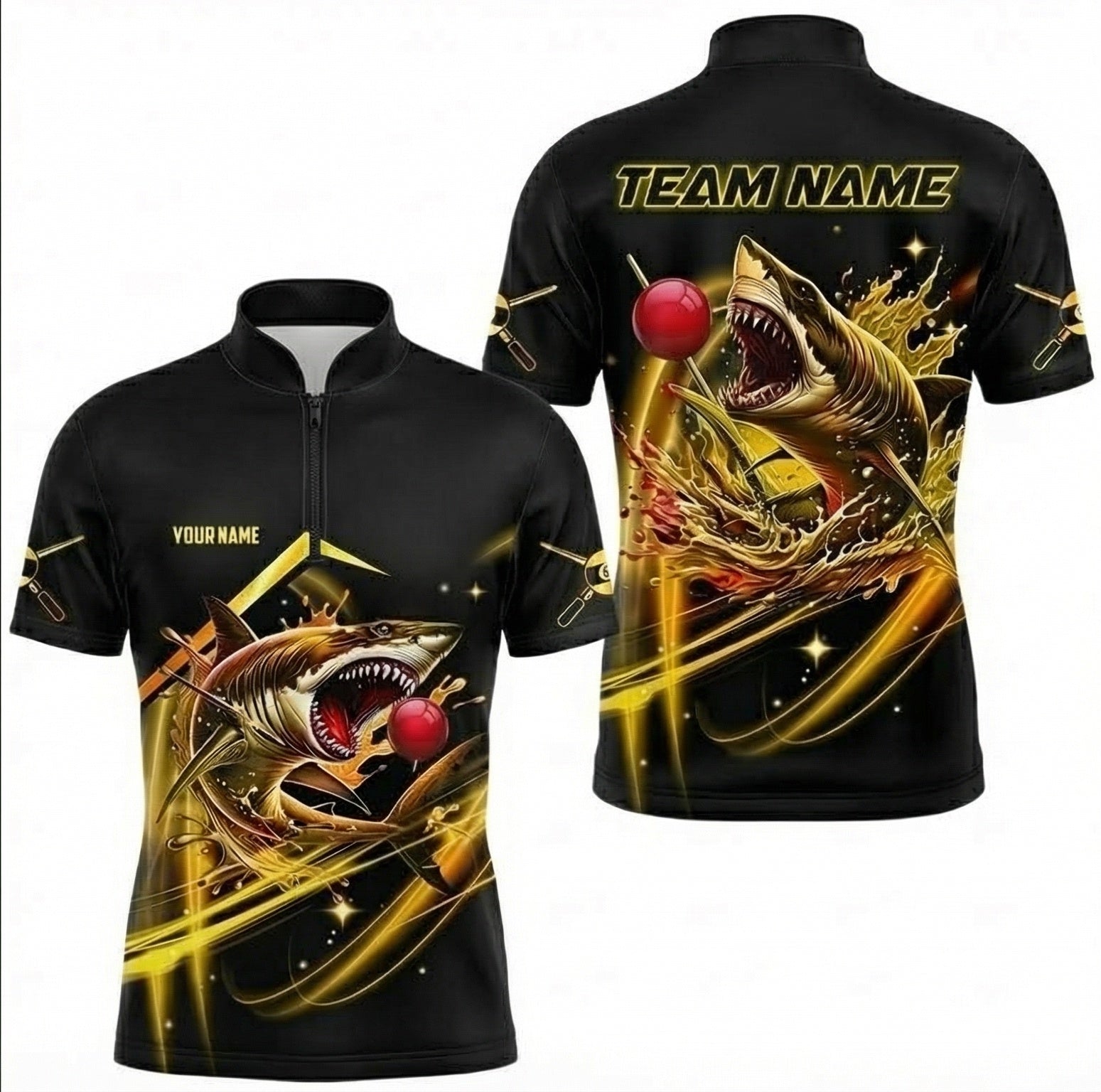 Personalised Shark Snooker Jersey Polo and Zipper Black Gold For Men G8319 - Zipper Women (Slim fit)