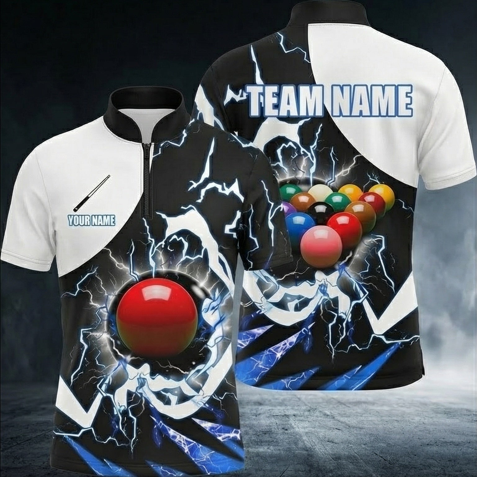 Personalised Lightning Snooker Jersey Polo and Zipper Shirt Black White Blue for Men V1883 - Zipper Women (Slim fit)