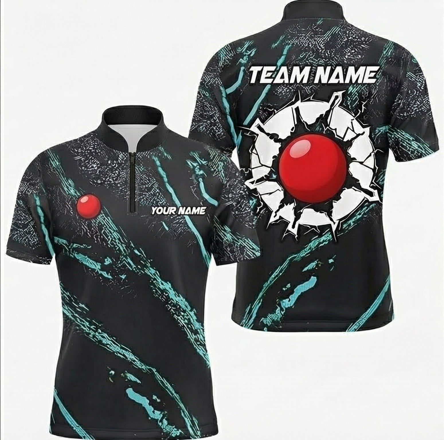 Personalised Red Ball Abstract Snooker Jersey Polo and Zipper Black Teal For Men R3550 - Zipper Women (Slim fit)