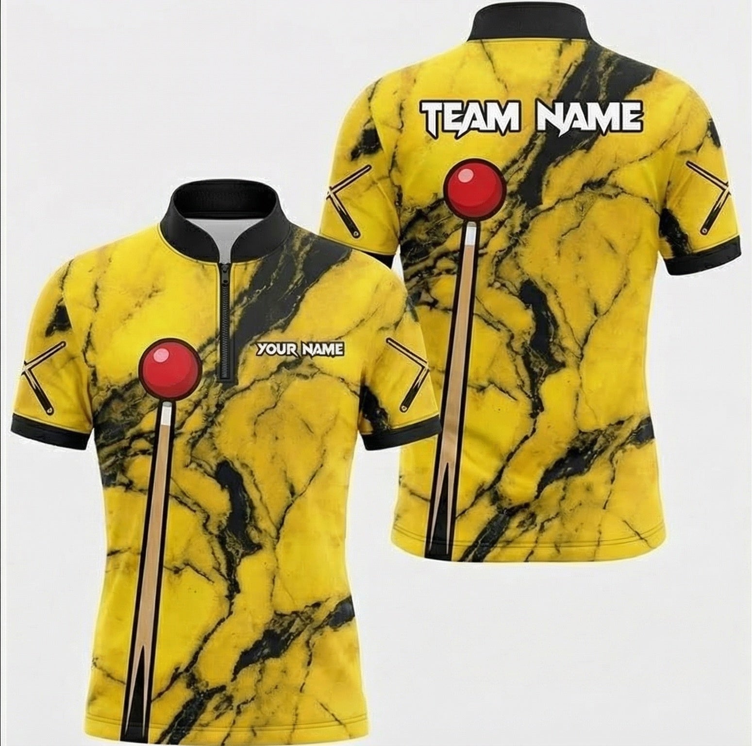 Personalised Yellow Black Marble Snooker Jersey Polo and Zipper For Men Custom Cue Design N1645 - Zipper Women (Slim fit)