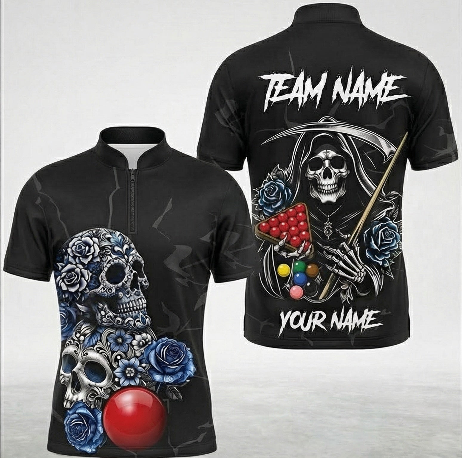 Personalised Grim Reaper Snooker Jersey Polo and Zipper Skull Blue Rose Black For Men N4171 - Zipper Women (Slim fit)