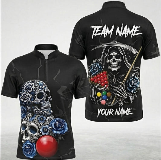 Personalised Grim Reaper Snooker Jersey Polo and Zipper Skull Blue Rose Black For Men N4171 - Zipper Women (Slim fit)