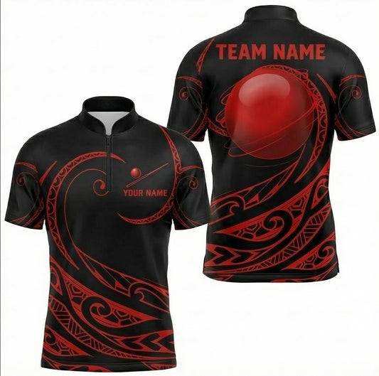 Personalised Tribal Swirl Snooker Jersey Polo and Zipper Shirt Red Ball Black Red For Men Y6309 - Zipper Women (Slim fit)
