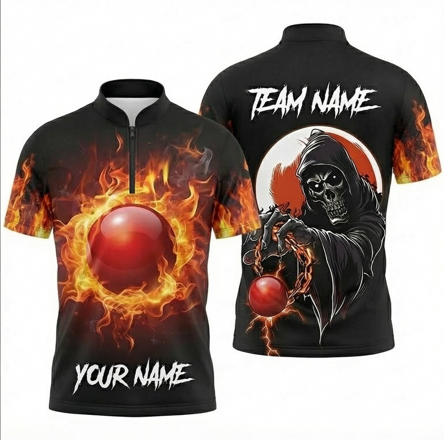 Personalised Grim Reaper Snooker Jersey Fire Flame Custom Polo and Zipper Shirt for Men Black Red U2465 - Zipper Women (Slim fit)