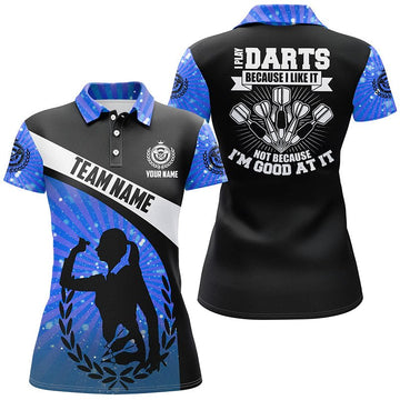 Blauw gestreept damespoloshirt voor darts met aangepast dartontwerp - Ik speel darts omdat ik er dol op ben R242