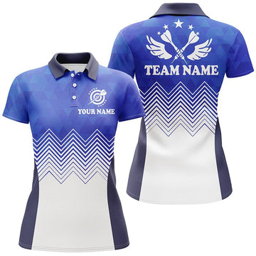 Dartshirt voor vrouwelijke dartspelers - Blauw en wit poloshirt met abstract vleugelpatroon B410