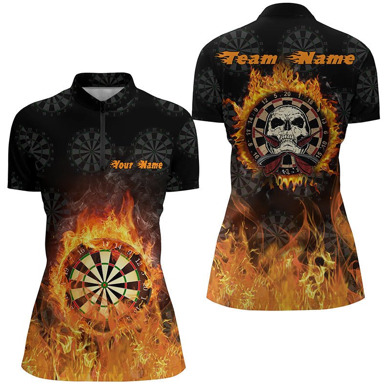 Cool Women's Dart Quarter-Zip Shirt with Fire Flame Skull, Dart Shirt O93