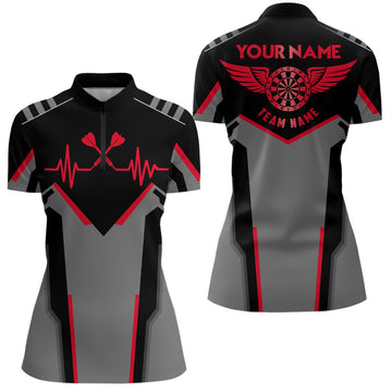 Women's Dart Shirt with Custom Red Heartbeat Pattern, Quarter-Zip Dart Jersey LDT0333 Y734