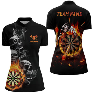 Dames Fire Darts Shirt met Dart Skull Flames Design - Damen Quarter Zip Shirt voor Darts Jersey R847