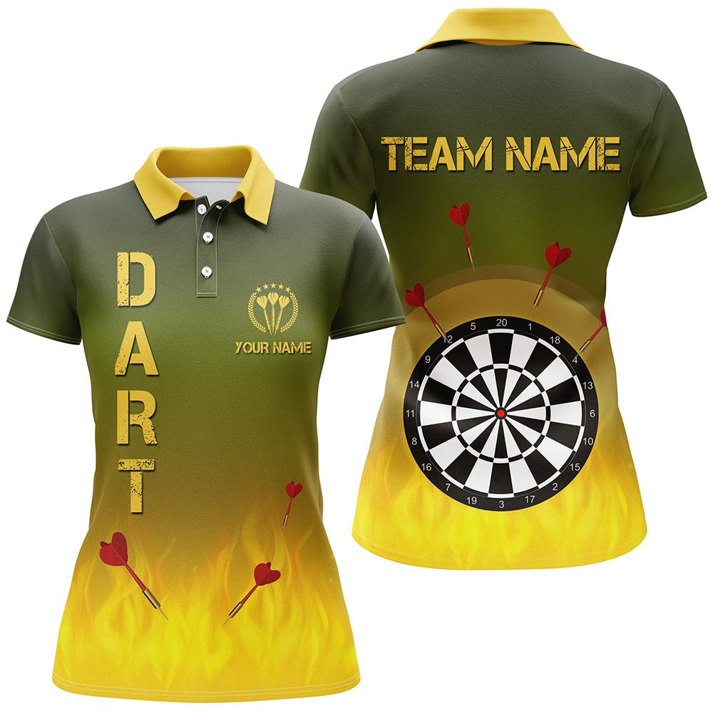 Women's Darts Polo Shirts - Gradient Green Yellow Fire Flame Design - Perfect for Dart Enthusiasts - E732