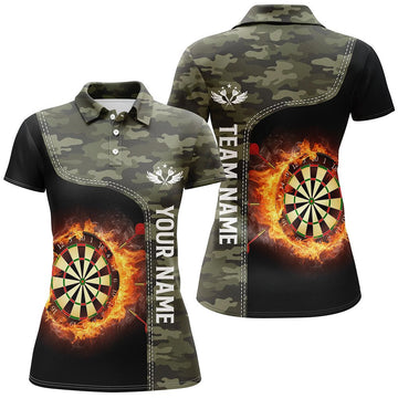 Damespoloshirt met groen camouflagepatroon en vlamdartbordontwerp - Ideaal dartshirt voor vrouwelijke dartspelers (maat B707)