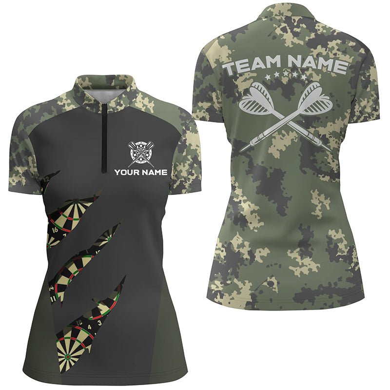 Women's Darts Team Jersey with Green Camouflage Pattern - 1/4 Zip Shirt (Y833)