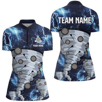 Dartshirt voor dames met bliksemmotief, dartshirt met 1/4 rits 'Blue Thunder Lightning' A537