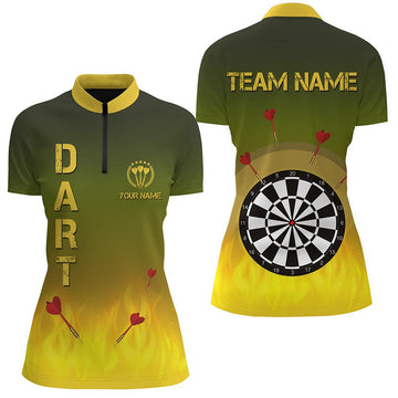 Dartshirt voor dames met kwartrits en groen-geel vlamontwerp - Tailored Dart Jersey P961