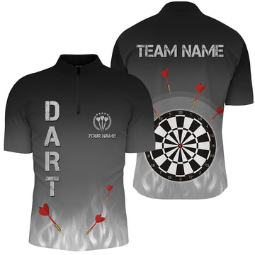 Men's Darts Quarter-Zip Shirt with Gradient Pattern in Black, Grey, and Fire Flames - Stylish Darts Jersey R477
