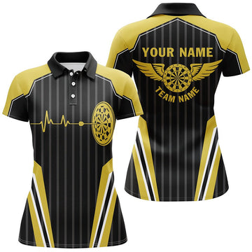 Op maat gemaakt damespoloshirt met geel hartslagpatroon voor vrouwelijke dartliefhebbers - Dart Jersey voor dames Q57