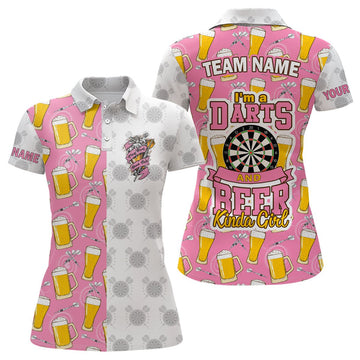 Gepersonaliseerd damesdartspoloshirt - Ik ben een dart- en bierliefhebber - Roze Dart Jersey I664