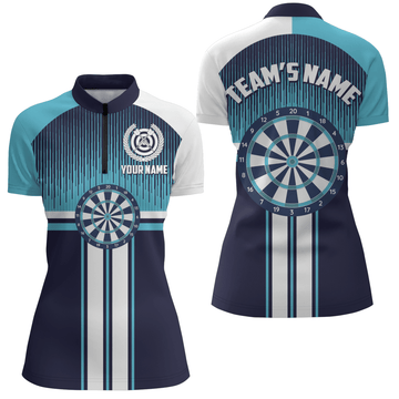 Sportstijl dartbord, witblauw shirt met 1/4 rits voor dames, dartsjersey M290