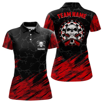 Gepersonaliseerde 3D Skull Darts Poloshirt - Rood Zwart Dart Jerseys voor Dames LDT0449 J385