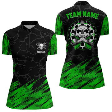 Dart-shirt voor dames met 1/4 rits in groen en zwart - Dart Jersey met doodshoofdmotief LDT0646 Q638