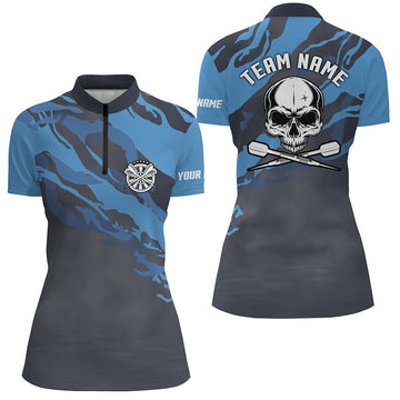 Blue Skull Darts 1/4 Zip Shirt - Gepersonaliseerd dartshirt voor dames - Dartshirts Z504