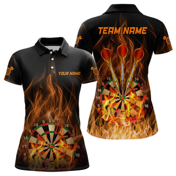 Women's Dart Polo Shirt with Fire Flames Dartboard, Personalizable Dart Shirts for Women Dart Jersey V359