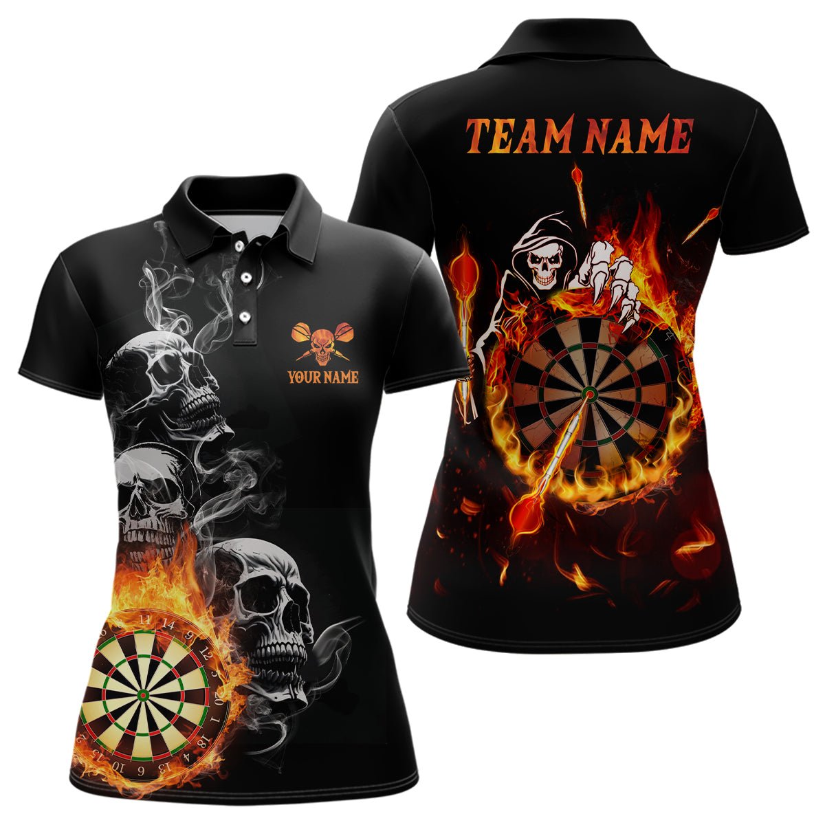 Women's Dart Polo Shirt with Skull Flames Design, Personalizable Fire Darts Shirt for Women, Dart Jersey I26