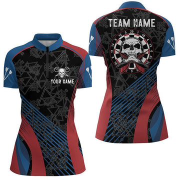 Dartshirt voor dames met schedelontwerp - Gepersonaliseerde dartjersey met 1/4 rits in blauw en rood Y419