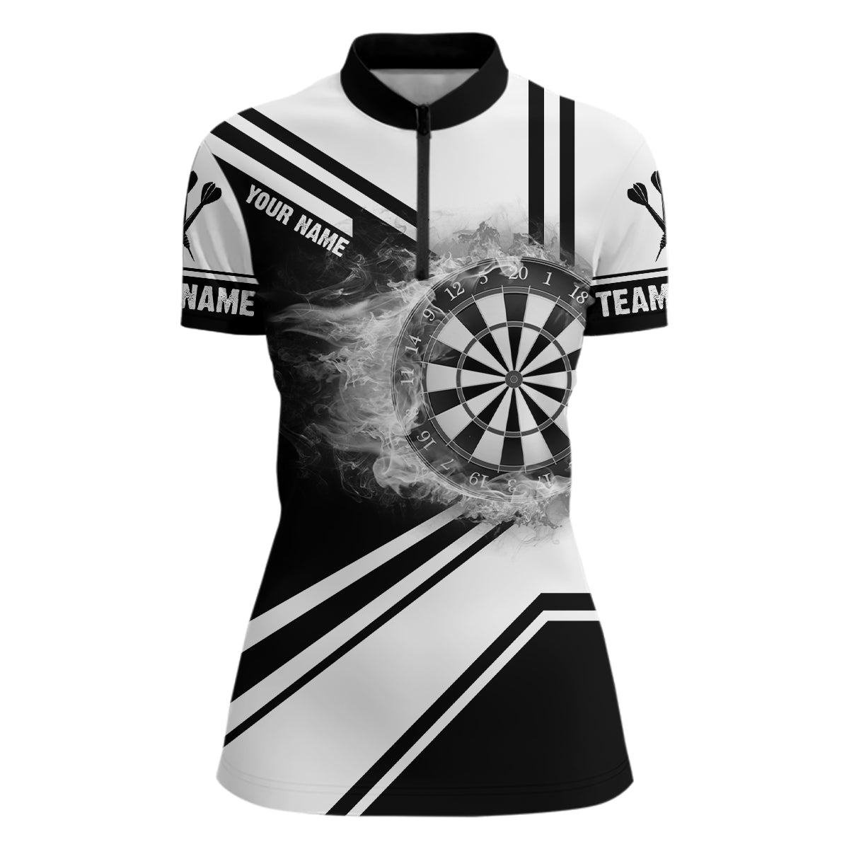 Women's Dart Jersey with Black and White Fire Flame Dartboard, Personalized 1/4 Zip Shirt Q343