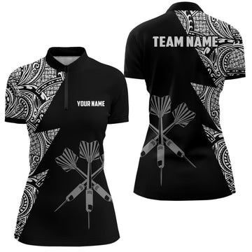 Women's Darts 1/4 Zip Shirt with Lightning Tribal Pattern in Black and White - Darts Jersey LDT0820 B364