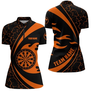 Dames dartshirt met 1/4 rits en oranje vuurvlammen-design - Darts Jersey H259 - oranje