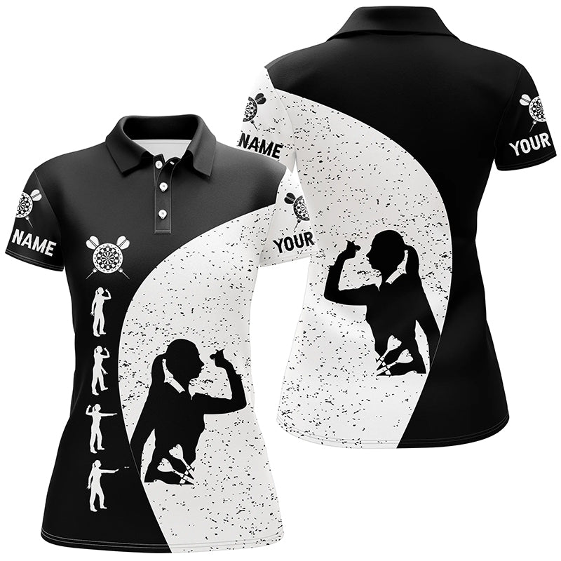 Women's Darts Polo Shirt in Black and White Grunge Style - Darts Jersey for Ladies D8175
