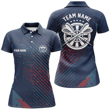 Dames dartpoloshirt met rood blauw geometrisch patroon - Donkerblauw dartsshirt U936