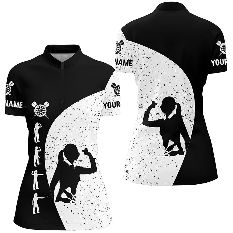 Women's Darts Quarter-Zip Shirt in Black and White Grunge Style - Darts Jersey for Ladies LDT0339 C557