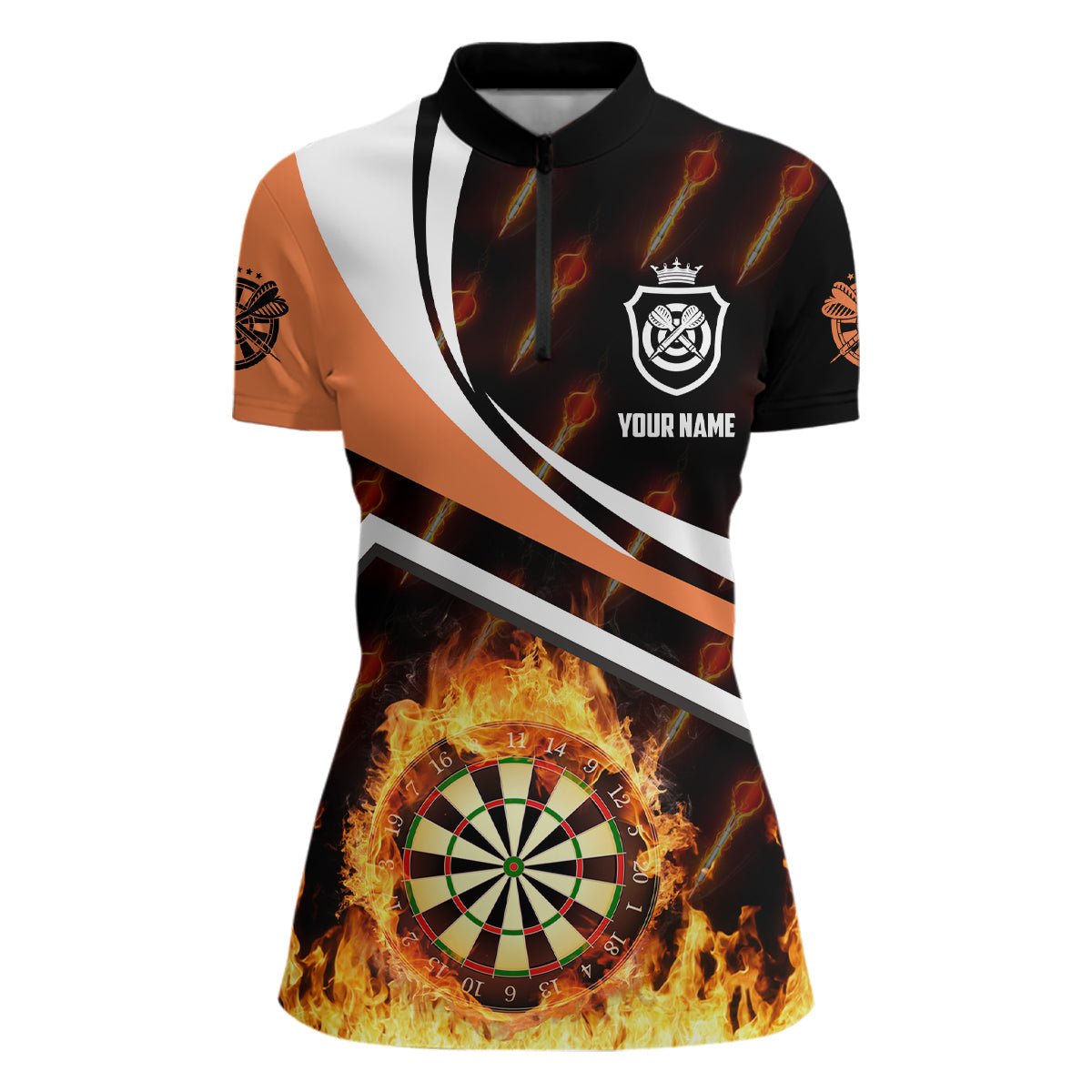 Women's Darts Shirt with Orange Fire Flames Design - Personalized 1/4 Zip Darts Jersey W989