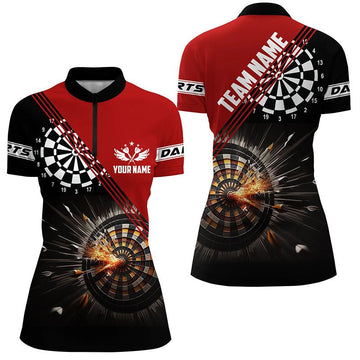 Damesshirt met kwartrits en dartontwerp in zwart en rood - Gepersonaliseerde dartjersey voor dames C757