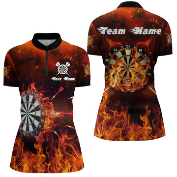 Dartshirt voor dames met 1/4 rits en vuurvlammenontwerp - Personaliseerbare dartjersey Y84