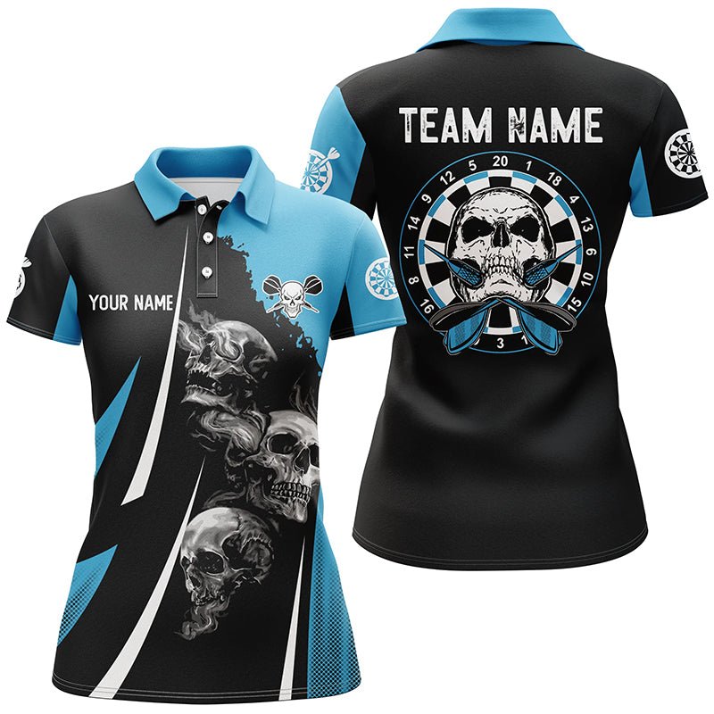 Women's Darts Polo Shirt with Skull Design - Black-Blue, Personalizable Dart Jersey H758