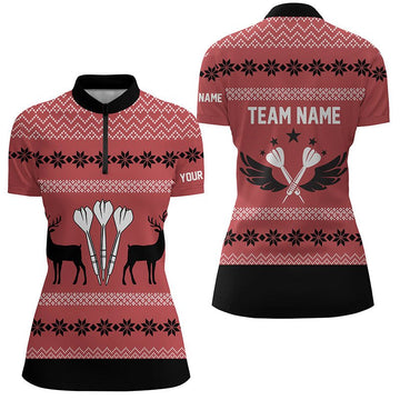 Kerst Rendier Rood Shirt met 1/4 Rits voor Dames - Darts Jersey O766